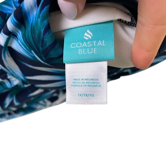 Coastal Blue Plus Tropical Botanical Print Open Back Tankini Swimsuit Top - Picture 7 of 8